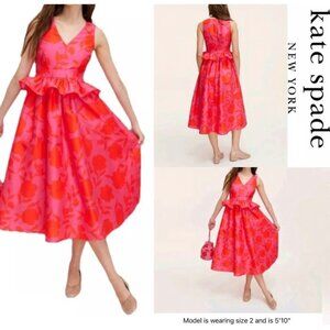 Kate Spade New York Floral Jacquard Pink & Red Peplum Midi Dress Size 8